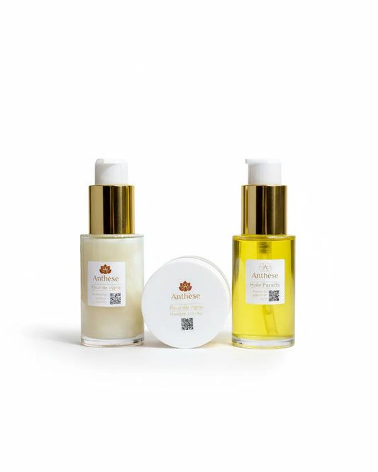 Packshot routine Fleur de Vigne 50 ml, trio protecteur couleur.