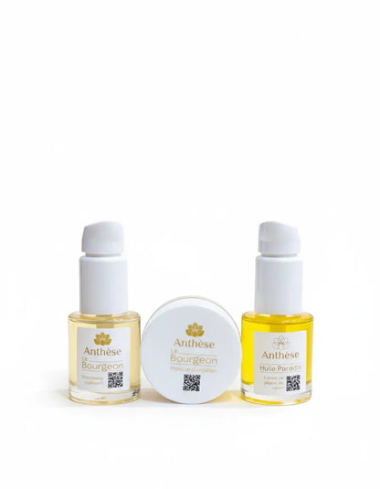 Packshot routine Le Bourgeon 15 ml, trio de soins cheveux naturels.